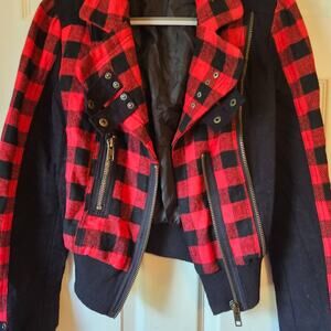 Urban Vibe Red Black Checkered Moto Biker Jacket Wool Blend Streetwear Small